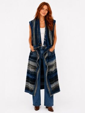 Anthropologie Moth Open Front Long Duster Vest Striped Knit Sleeveless Cardigan
